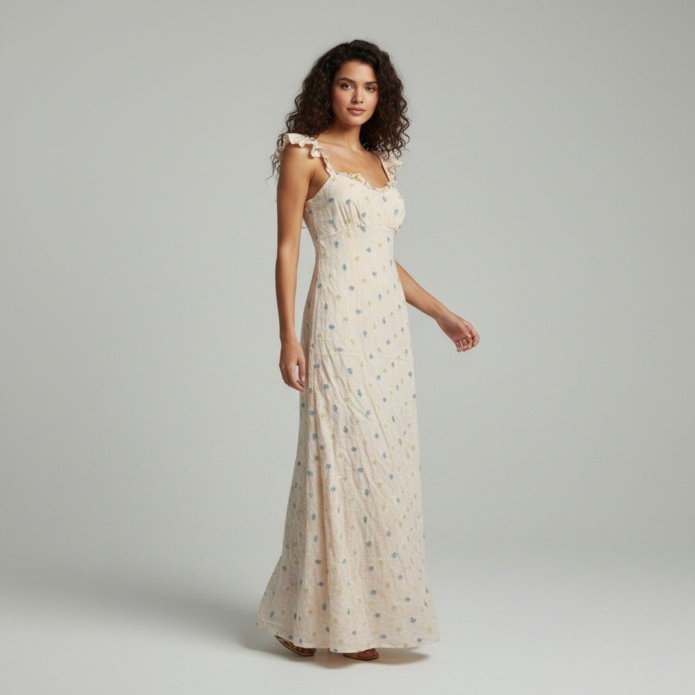 Anthropologie Peach Floral Tufted Maxi Dress Smocked Back Flutter Sleeve Medium